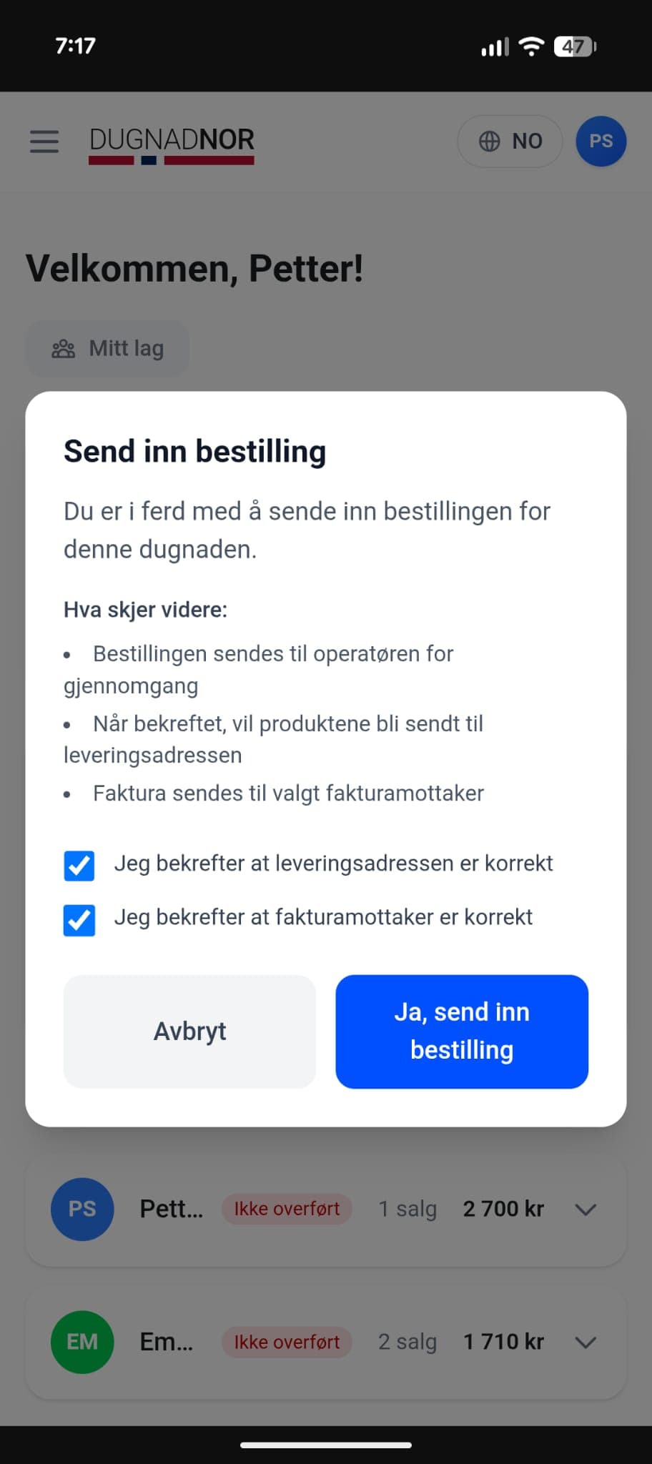 Avslutt og bestill